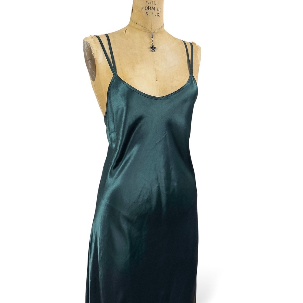 90's Emerald Maxi Slip Dress Strappy Low Back Glam Evening Matallic Size M - Picture 7 of 14